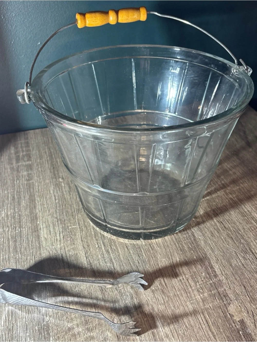 Vtg Anchor Hocking Co Glass Basket Ice Bucket 3100/318 With Bale Glasses and Box